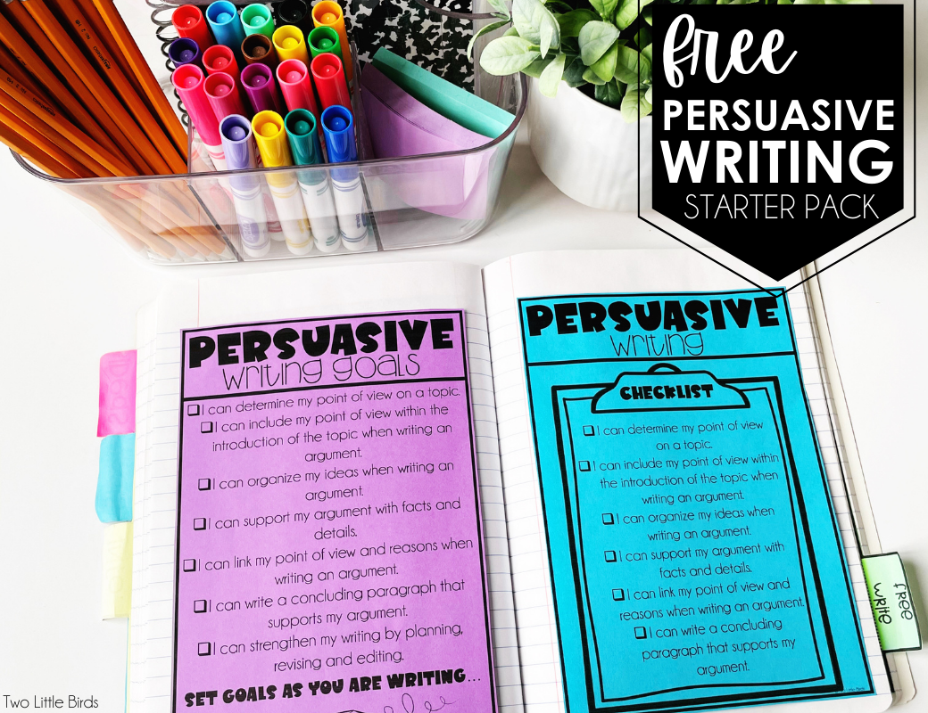 writer's notebook with persuasive writing checklist and goal setting