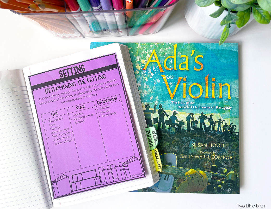 Determining the setting-Ada's Violin book and reader's notebook page